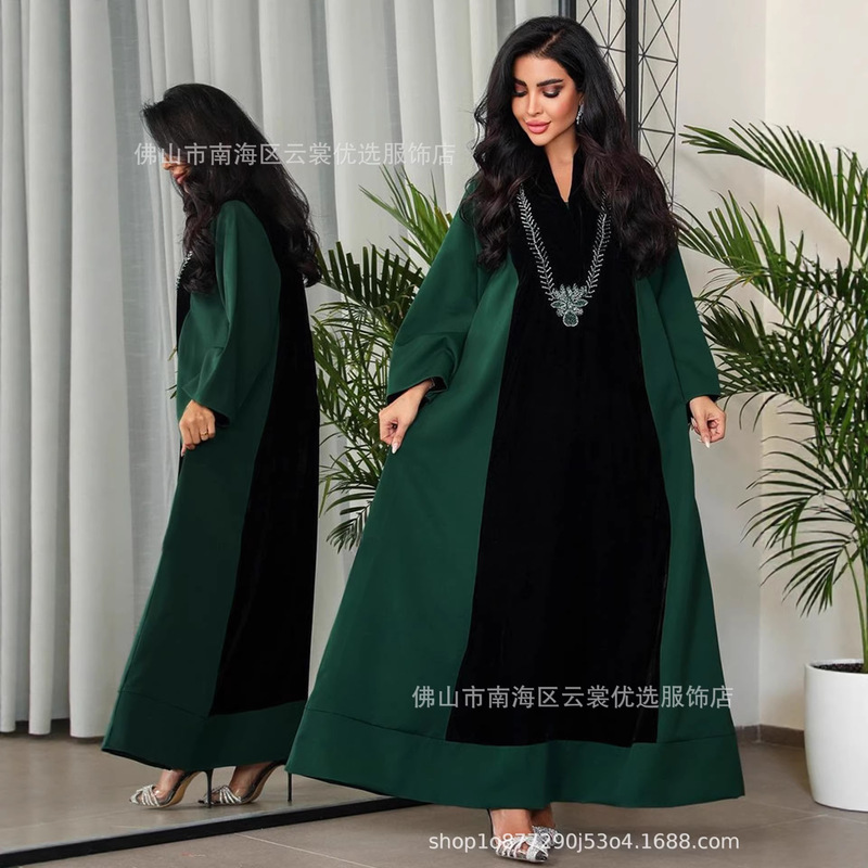 Women's Rhinestone-Embellished Velvet Patchwork Color-Blocked Loose-Fitting Robe Dress