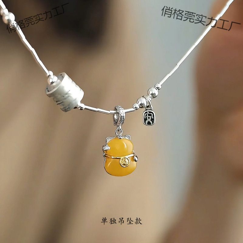 シルバー新中国風蜜蝋猫ペンダント女性のレトロエスニックスタイル祝福ネックペンダントネックレス多用途|undefined