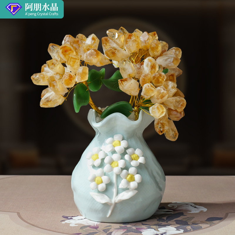 天然黄晶牙陶瓷花瓶发财树 黄水晶大颗粒原石水晶树 家居客厅摆件
