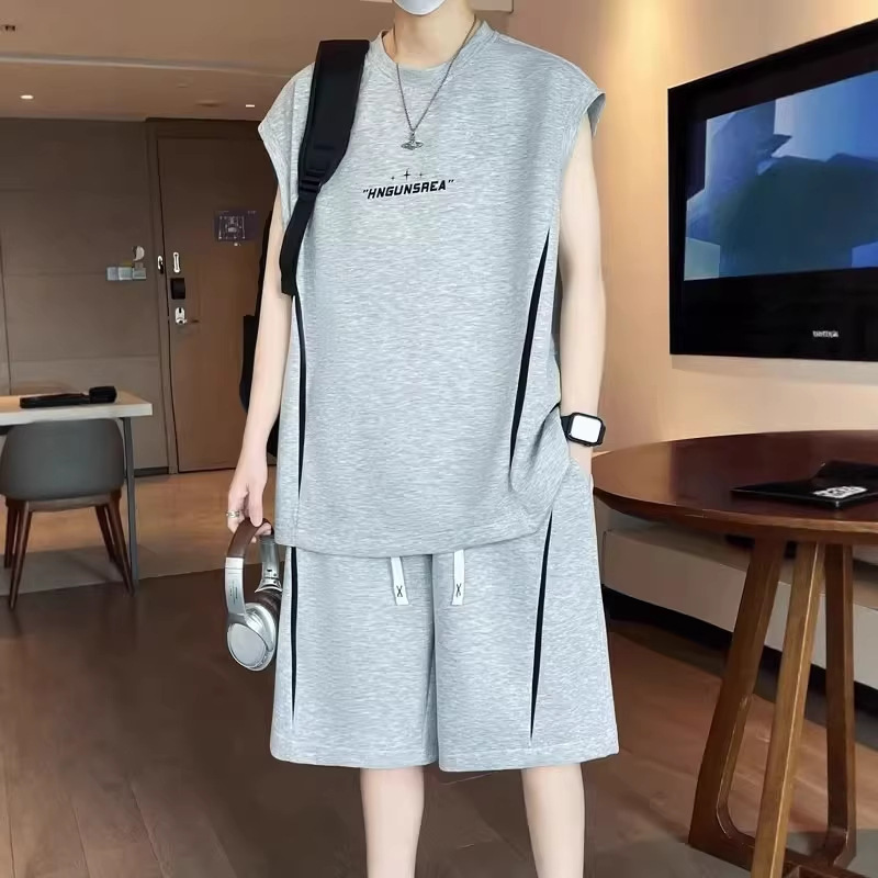 Summer Sports Vest Set for Men, Trendy Brand, Loose Breathable Sleeveless T-Shirt, Casual Shorts, Large Size Complete Set