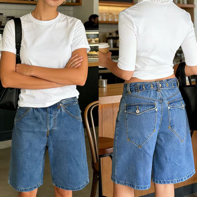European and American Cross-Border Source Factory Fashion Versatile American-Style Button Design Sports Women's Five-Point Denim Shorts European and American Cross-Border Source Factory Fashion Versatile American-Style Button Design Sports Women's Five-Point Denim Shorts