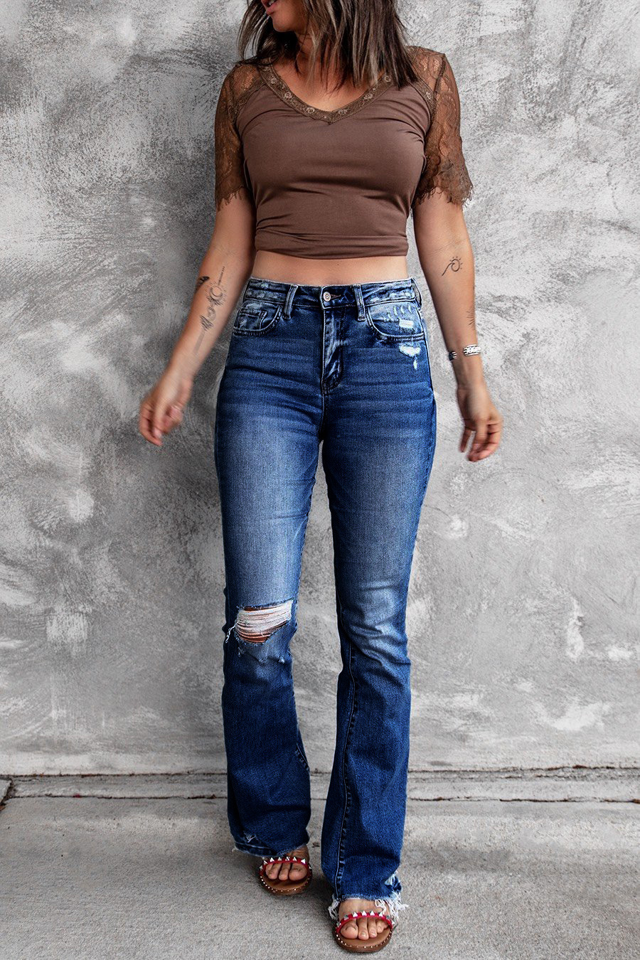 Jeans Acampanados de Cintura Alta para Mujer de Mezclilla, Alta Elasticidad, Rasgados, Borde Deshilachado, para Uso Casual image 8
