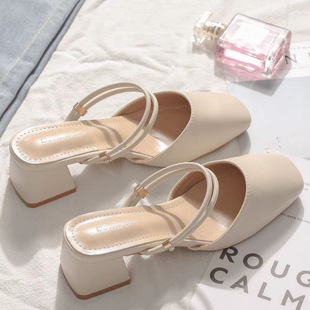 Soft Leather Slip-On Two-Wear Sandals with Skirt, Thick Heel, Toe-Cap Half Slippers, Women's Summer Outer Wear, Medium-Heeled Shoes