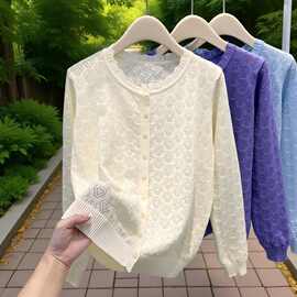 秋季镂空外套香风针织开衫棉质薄款圆领宽松外穿纯色新款长袖上衣