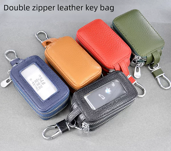 Fashionable Double Zipper Key Bag First Layer Cowhide Car Key Bag Genuine Leather Multi-Purpose Double Layer Key Bag Factory Wholesale