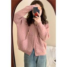 秋冬新款小个子针织开衫女连帽麻花慵懒风双拉链韩版毛衣外套上衣