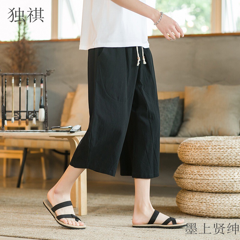 2022 Summer Chinese Style Men's Solid Color Loose Cotton and Linen Harlan Capri Pants plus size Fashion Casual Sports Straight Pants