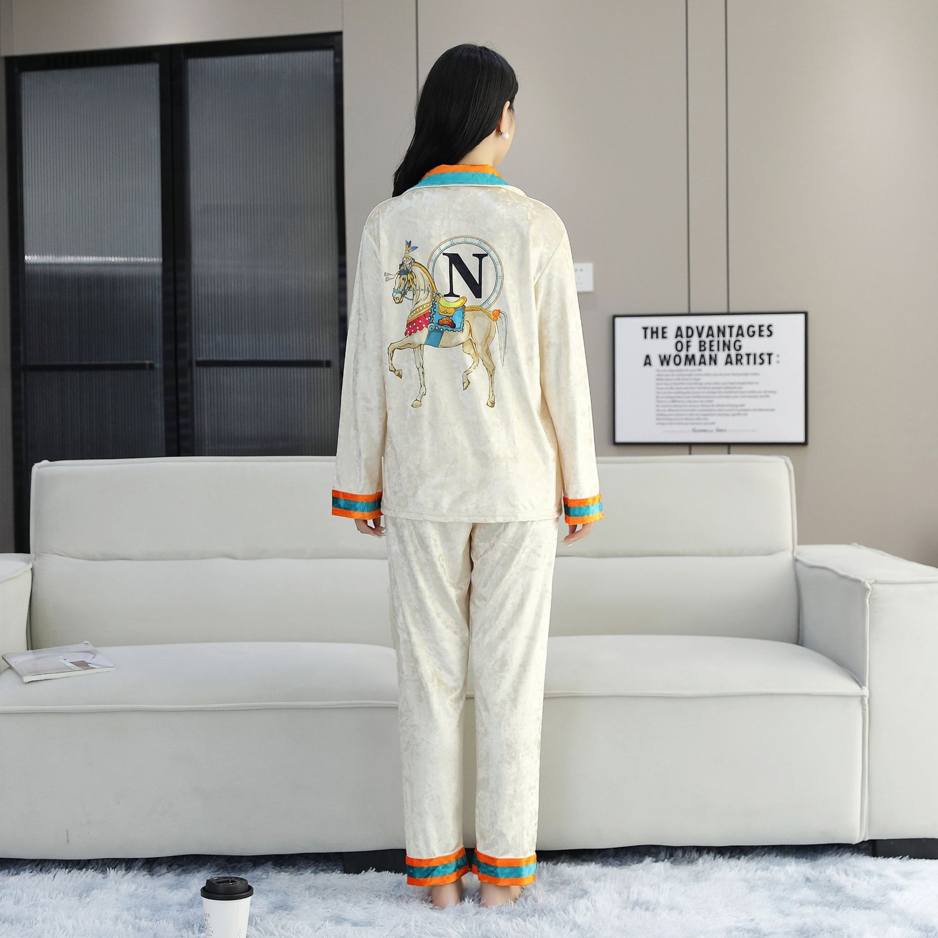 골든 벨벳 파자마 여성 가을 긴팔 세트 가을 투피스 하이 엔드 라이트 럭셔리 카디건 V-넥 플러스 사이즈 홈 의류