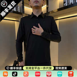 春秋新款男士纯色长袖POLO衫休闲翻领透气舒适上衣