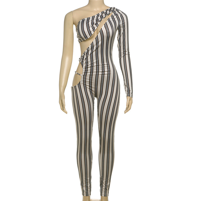 Winter Women Clothing Sexy Hollow Out Cutout Sexy Striped Tight One Piece Trousers