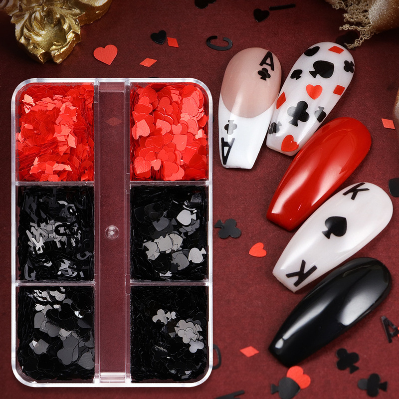 6-Piece Poker Card Logo Nail Art Glitter Red and Black Poker Set European and American Mixed Style Irregular Pet Nail Glitter Decorations