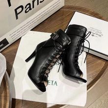 外贸2023秋季大码新款欧美系带高跟鱼嘴凉靴时尚细跟女舞鞋亚马逊