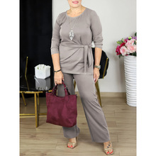 2025新款欧美跨境外贸女装春秋季宽松大码圆领绑带上衣长裤休闲时