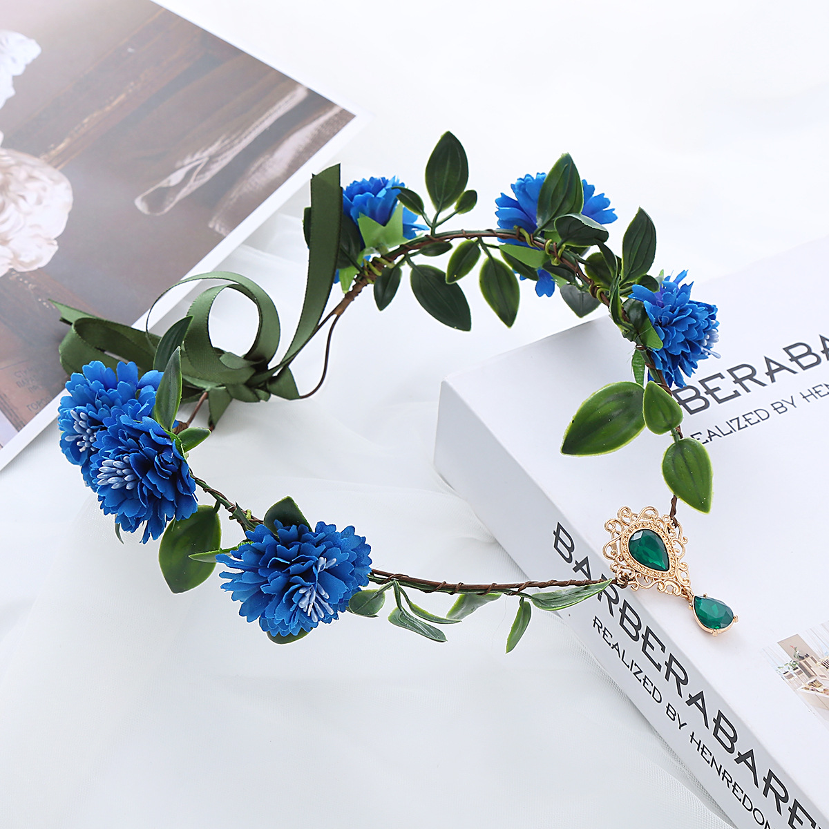 Europa y América Hansen joyería nupcial accesorios de hadas tela seda flor artificial hecha a mano Mori verde hoja femenina banda pelo diadema