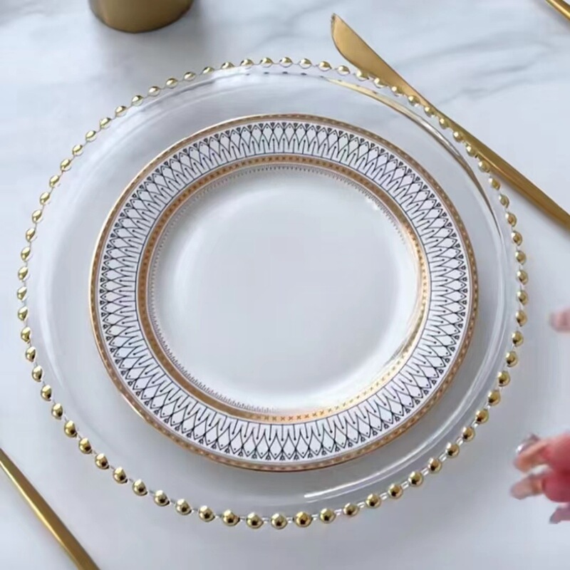 European-style Golden Bead Dish Plate Glass Plate Western Food Plate Steak Plate Household Tableware suit Light Luxury Dessert Plate Wholesale