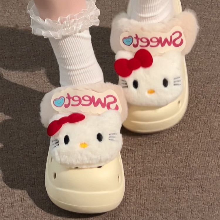 厚底增高可爱卡通凯蒂猫棉拖鞋女2025年冬季加绒加厚舒适包头拖鞋|undefined