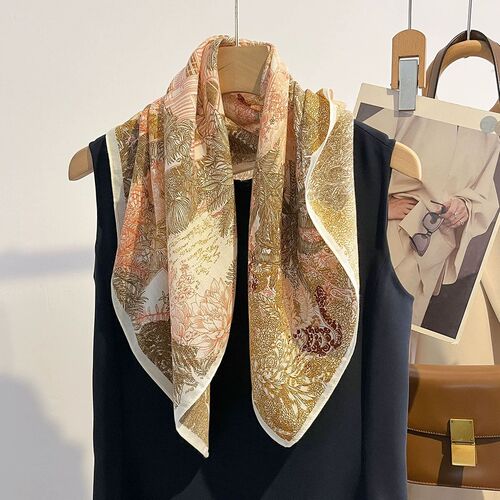 Elegant and Fresh Floral Print Square Scarf with High-End Decorative Feel, Fashionable Neck Scarf, Sun Protection Shawl for Women