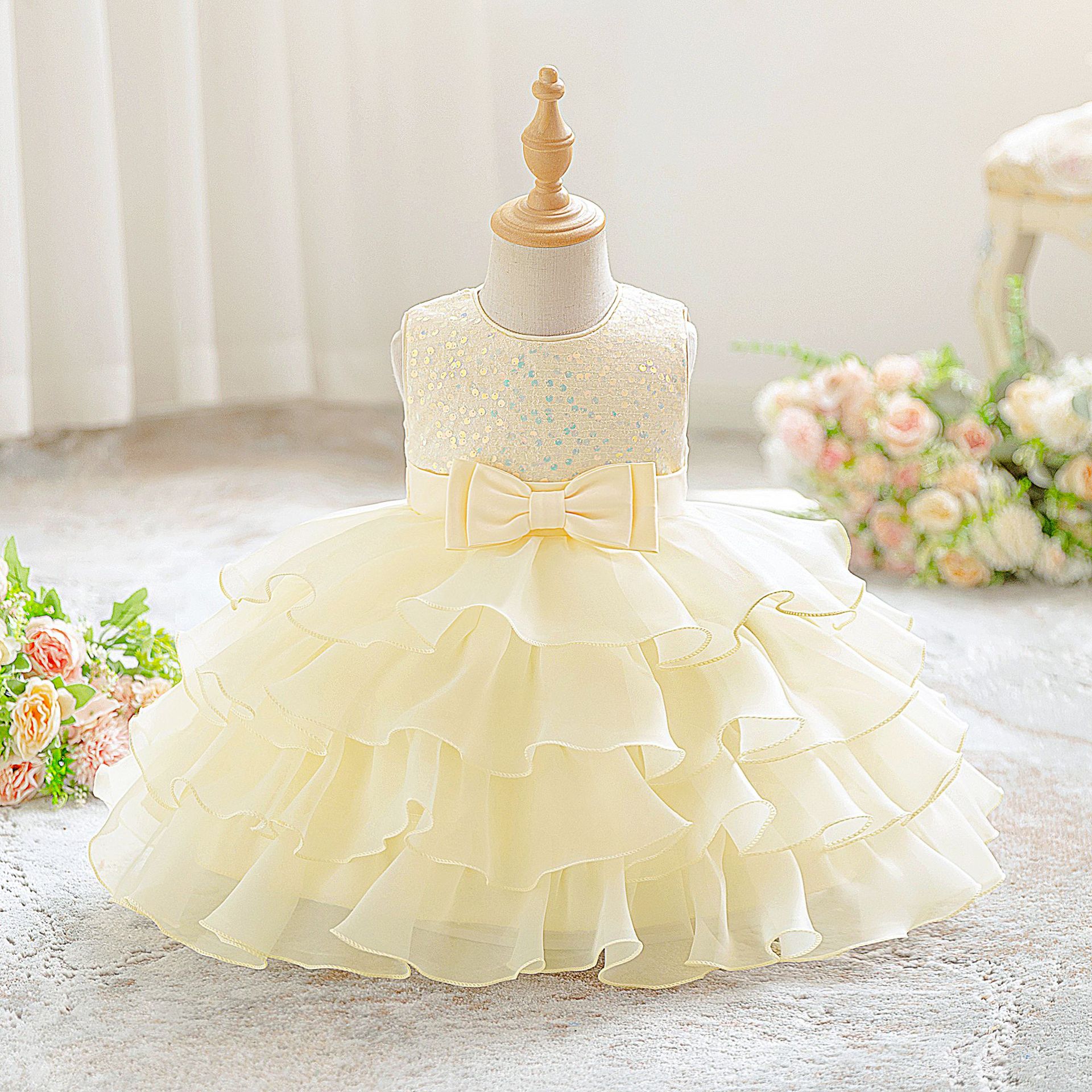 Vestido de niña de nuevo estilo, vestido de princesa sin mangas con lentejuelas, vestido de encaje, vestido de flores para boda