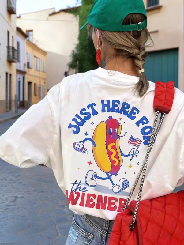 New Interesting Walking Hot Dog Bun Print Shirt Casual Round Neck Short Sleeve T-Shirt Fashionable and Versatile