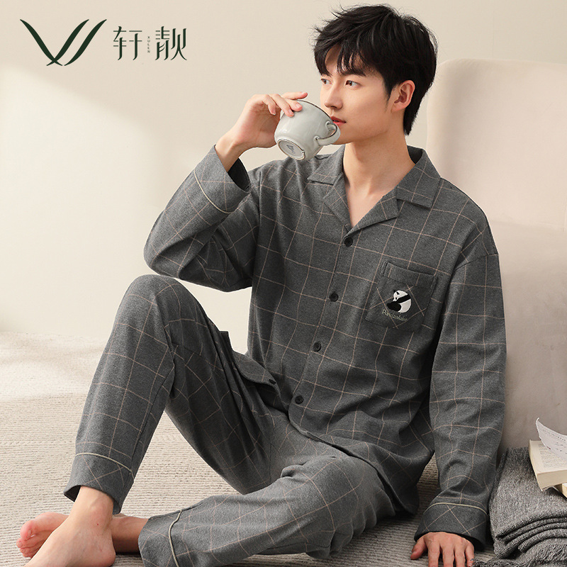 Pijama de primavera y otoño de los hombres más tamaño de algodón de manga larga Plaid desgaste del hogar Otoño de los hombres chaqueta traje de dos piezas