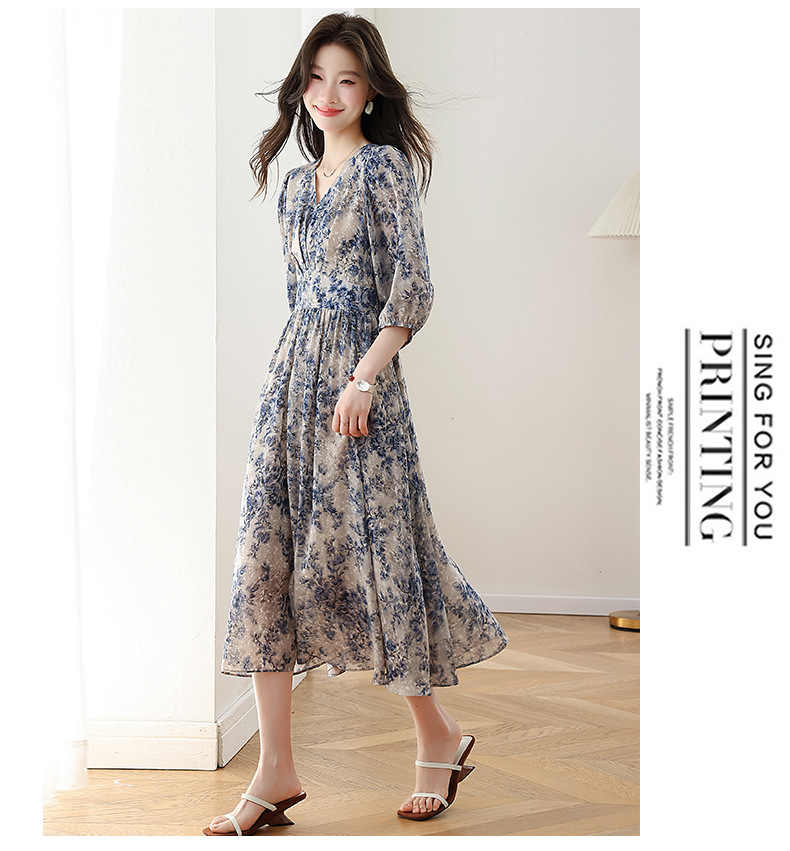 Đầm maxi nữ thắt eo họa tiết hoa nhí xòe lớn dáng suông — màu sắc, xanh lam chi tiết 12