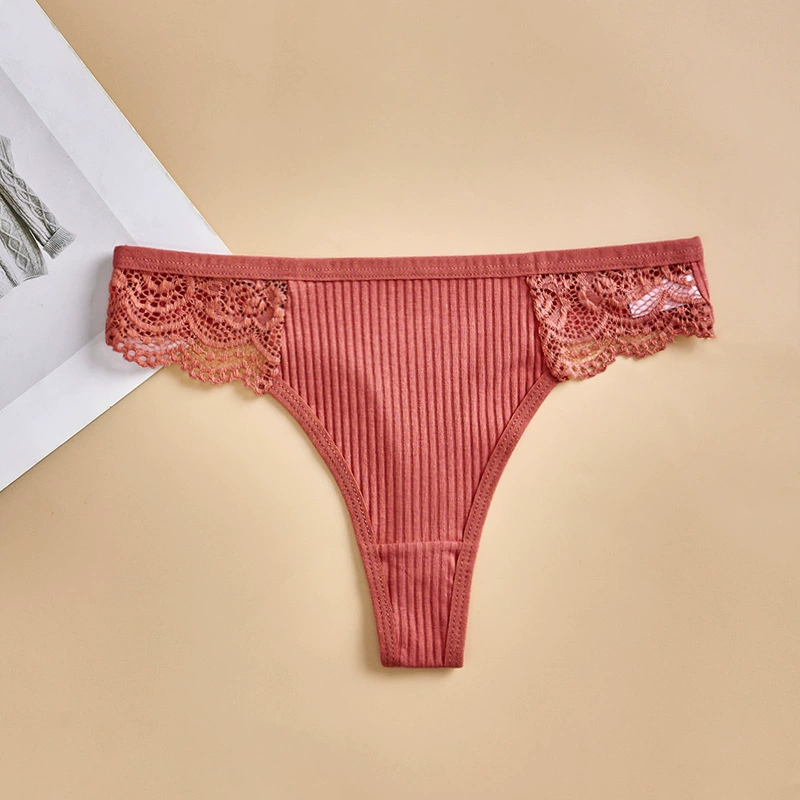 Women's Underwear Cotton Lace Thong, Ribbed Low‑Rise Style, Sizes S–XXL