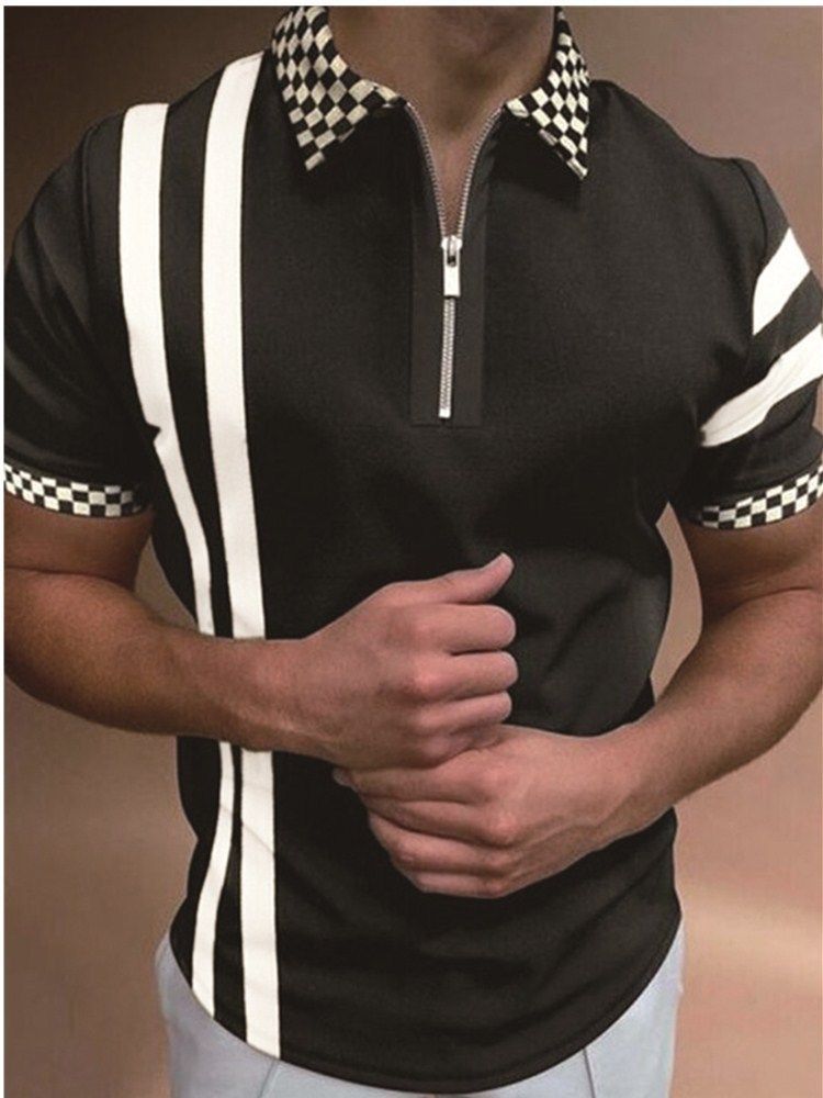 Camiseta Polo Casual de Manga Corta con Cuello Polo, Estilo Europeo y Americano, a Rayas Caqui, en Existencia, Popular en Europa y América