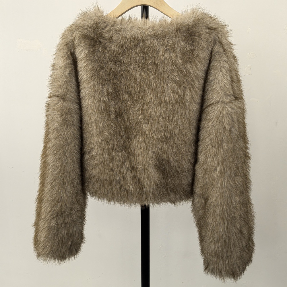Damenbekleidung, umweltfreundlicher Kunstpelzmantel, kurze Winterjacke, weicher Plüsch, Rundhalsausschnitt, modische Oberbekleidung, benutzerdefinierte Farben (Weiß/Creme, Grau/Creme, Braun)_voghion.com