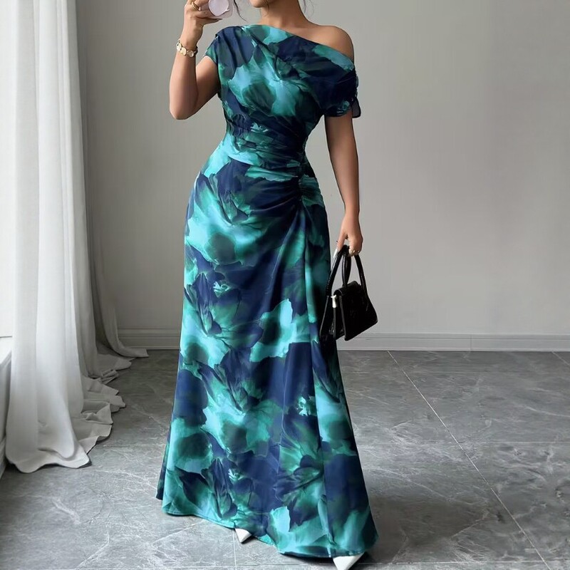 New European and American Style Printed Slim-Fit Long Dress, Summer Elegant Pleated Dress for Women, Cross-Border Fashion Slimming Bodycon Dress New European and American Style Printed Slim-Fit Long Dress, Summer Elegant Pleated Dress for Women, Cross-Border Fashion Slimming Bodycon Dress