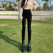 加绒小脚牛仔裤女秋冬黑色韩版提臀高腰弹力紧身百搭九分铅笔裤子