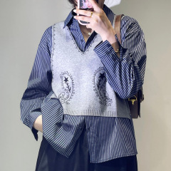 早秋假两件条纹衬衫女V领针织马甲时尚韩系显瘦气质洋气上衣女