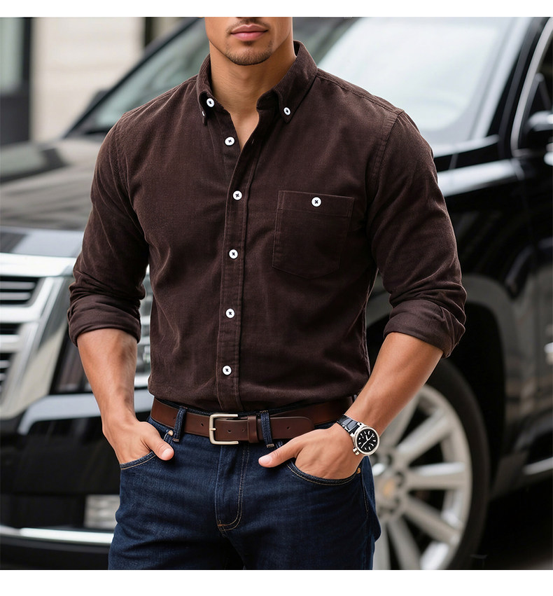 Men's Solid Color Corduroy Long-sleeve Shirt Jacket With Pockets_voghion.com