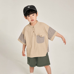 暢果童裝男童襯衫短袖兒童韓版拼接薄款襯衣中小童夏季上衣批發