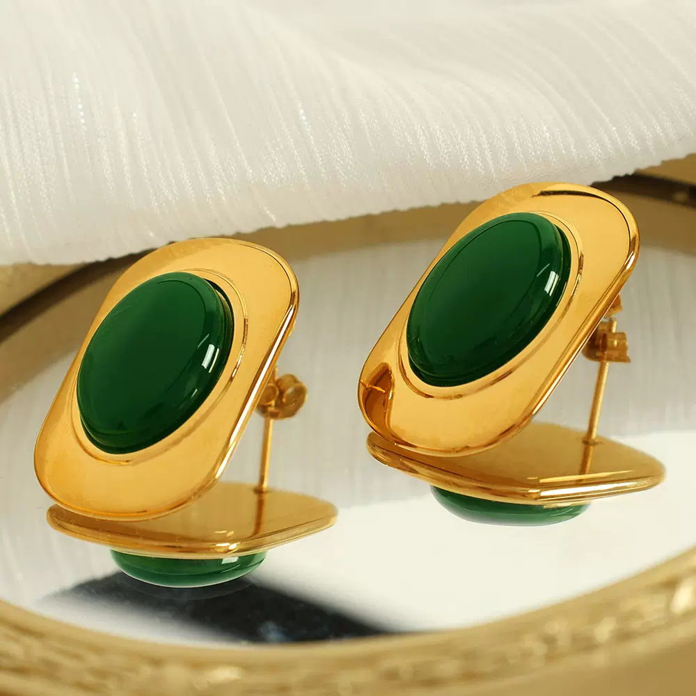 港风18k金钛钢复古轻奢高级感椭圆耳环潮时尚镶嵌百搭耳饰女