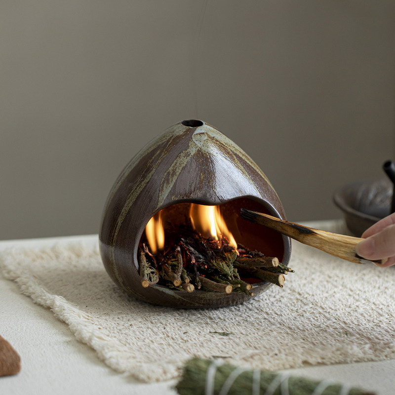 Japanese-style small fireplace aromatherapy burner, sage cedar incense burner, sacred wood purification incense burner, high-end ambiance decoration