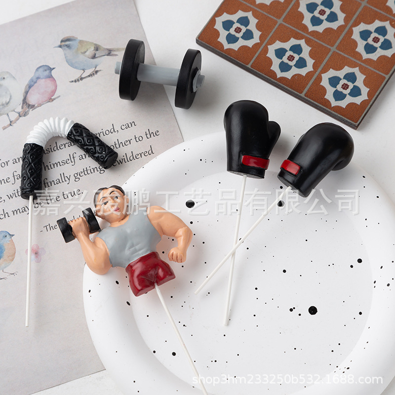 Creative Resin Crafts Cartoon Fitness Expert Boxing Gloves Dumbbell Barbell Cake Flag Ornaments Wholesale