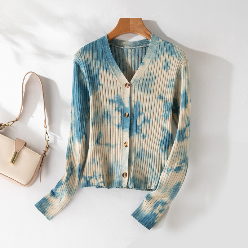 Special Offer: Handmade Tie-Dye Knitted Cardigan with a Chanel-Style V-Neck and Vertical Ribbed Pattern for Women, Suitable for Spring and Autumn, with a Unique Design and Long Sleeves