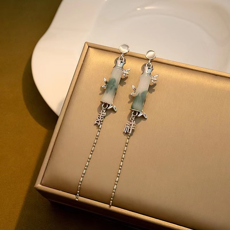 新款绿色竹节猫眼石国潮流苏耳环新中式冷淡风设计感吉祥耳饰潮女