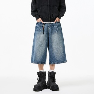Summer 2025 New American Denim Shorts Men's Trendy Brand Trendy Handsome Loose Casual Straight Cropped Pants Men's Clothing