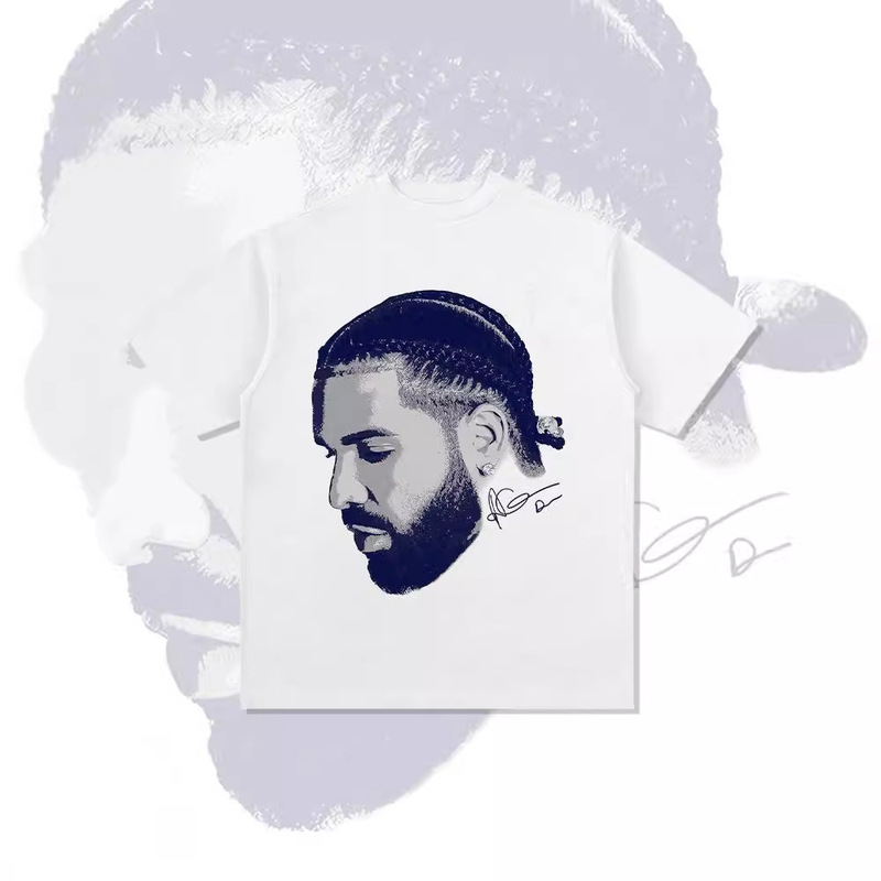 Cross-Border Hip-Hop Retro Drake Drake Printed Short-Sleeved T-Shirt Washed Heavy Round Neck Small Neckline Long Sleeves
