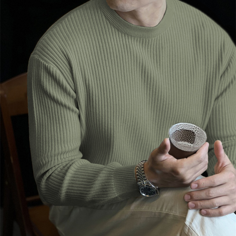 美式复古竖条纹圆领宽松针织衫打底男士休闲长袖T恤毛衣秋冬季|undefined