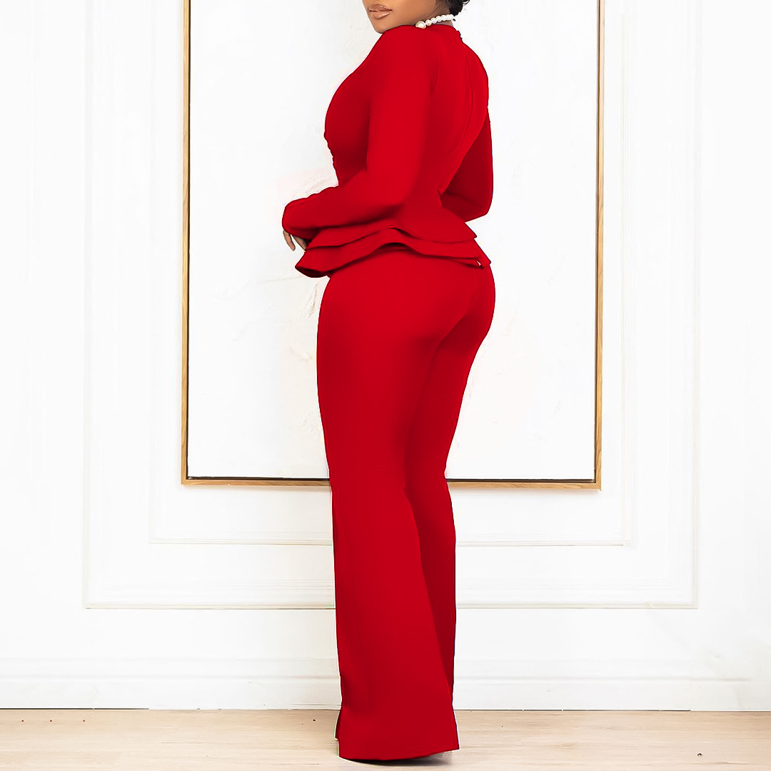 Autumn and winter women's new long-sleeved elegant temperament OL ruffled V-neck tops and pants two-piece set_voghion.com