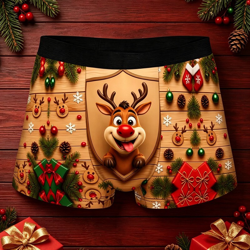 Cross-border Christmas men's underwear with a fun reindeer and wood grain all-over print design, comfortable and breathable, perfect as a holiday gift, boxer briefs