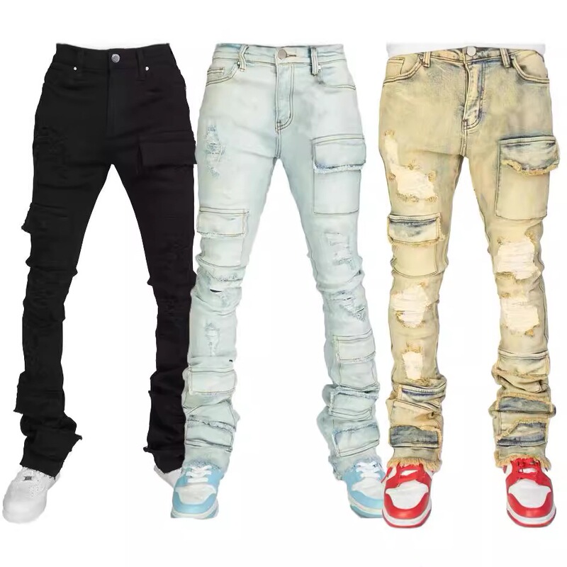 Men's Denim Workwear Straight-Leg Pants, European and American Fashion, Trendy Ins Style, Stretchy Ripped Denim Layered Flared Men's Pants