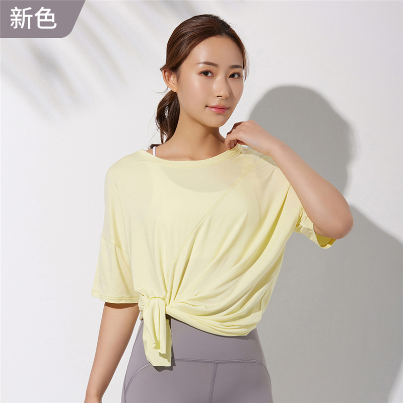 新しいモーダルヨガウェア半袖ルーズスリムロングスポーツTシャツ通気性ランニングフィットネスウェア女性のトップス|undefined