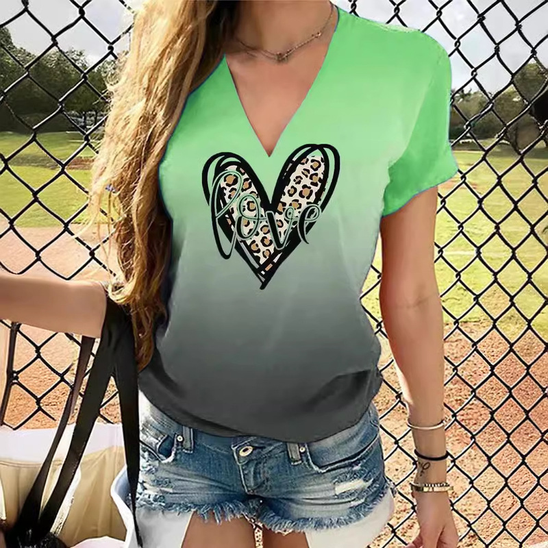 2023 New Amazon Cross-Border Simple Fashion Women's Clothing 3D Heart Printed V Neck T-Shirt Factory Direct Supply Wb14