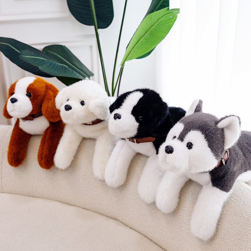 Cute collar perro juguete de peluche cachorro muñeca husky muñeca de pelo dorado suave lindo dormir simulación perro suave