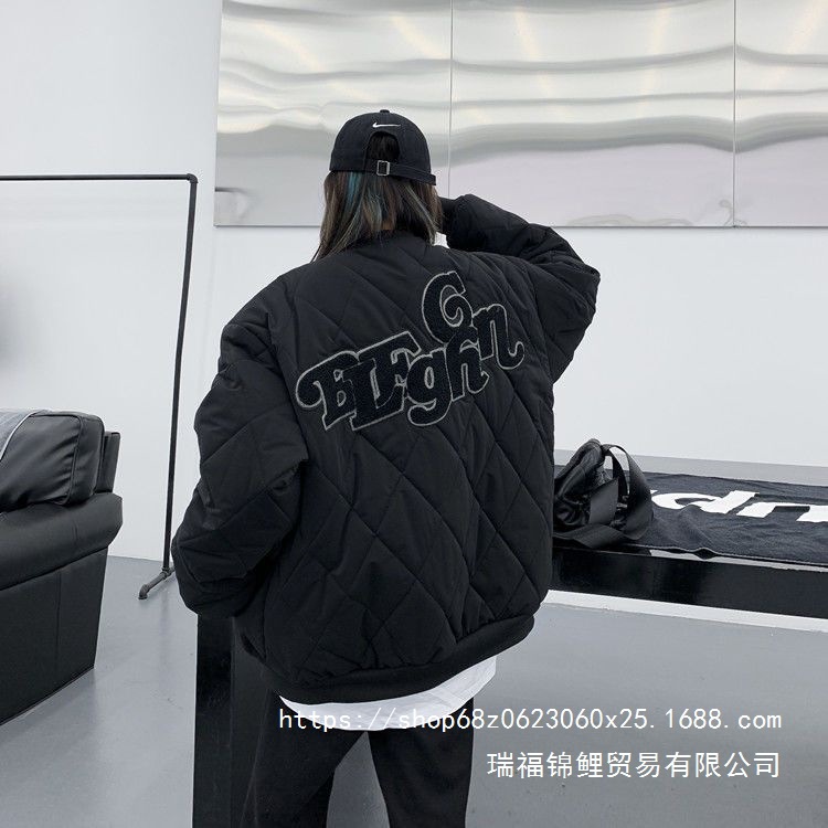 冬季ins潮牌港风情侣小个子棉服宽松菱格刺绣棒球服棉衣外套批发