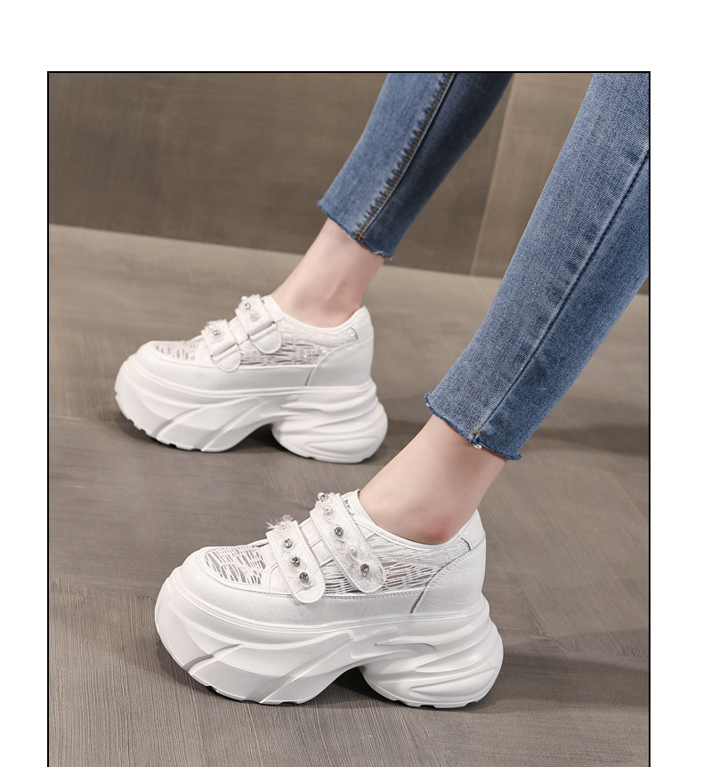 Giày sneaker nữ đế dày chunky, mặt lưới thoáng khí, gắn đá, dán Velcro — Màu trắng chi tiết 15