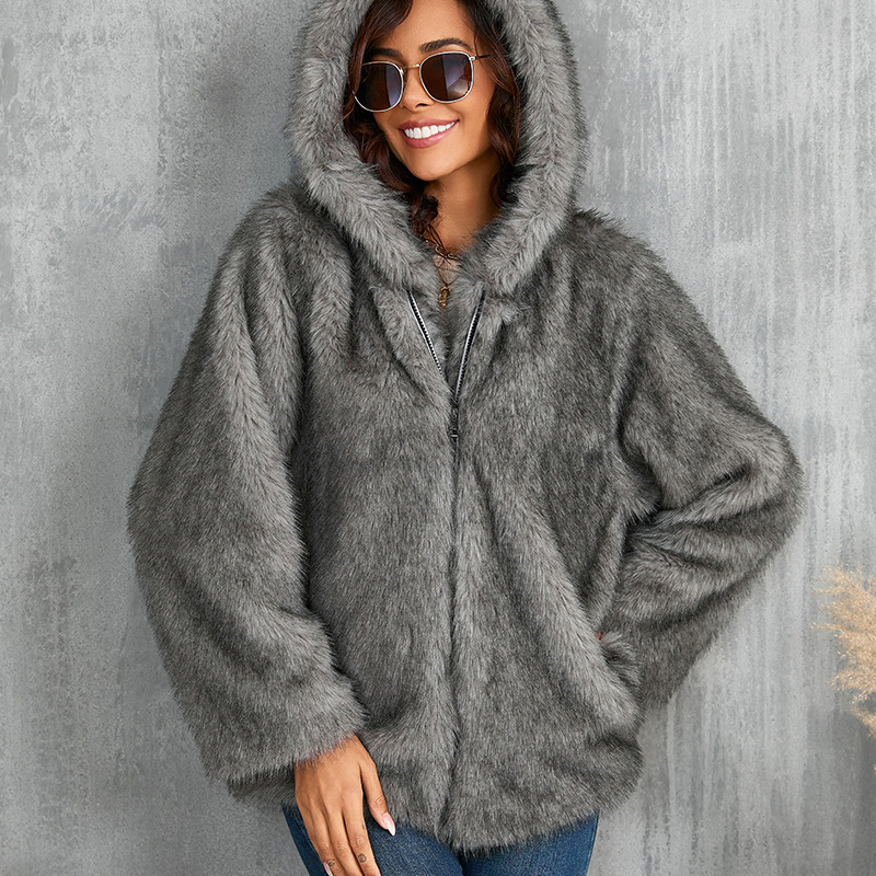 Dameskleding bontjas effen kleur losse capuchon korte bontkraag jas winterjas warme winterkleding_voghion.com